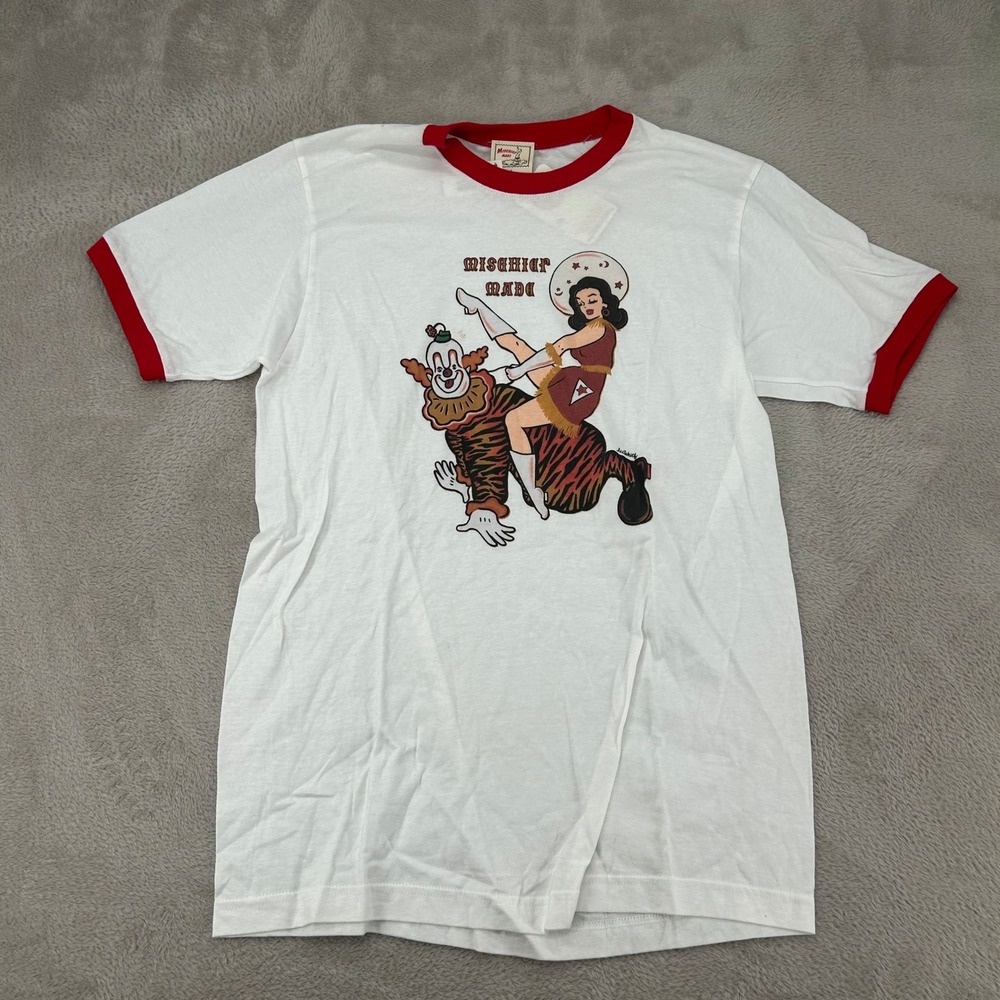 NWT Mischief Made Clown In Around Graphic Ringer Shirt Womens L White Retro USA